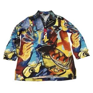 John Mark Linen Tunic Shirt Size S Multi Color Abstract Print Popover 3/4 Sleeve